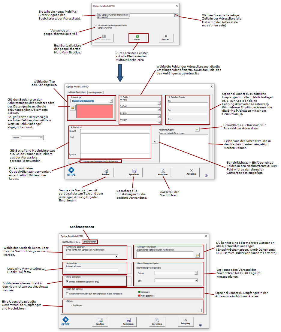 Klicken oder zoomen für detaillierte MultiMail-Konfiguration Vollständige visuelle Anleitung zur MultiMail-Oberfläche mit Anmerkungen: Listenwahl, Kontoeinrichtung, Outlook-Signatur, Lieferverzögerung, Anhänge und erweiterte Optionen